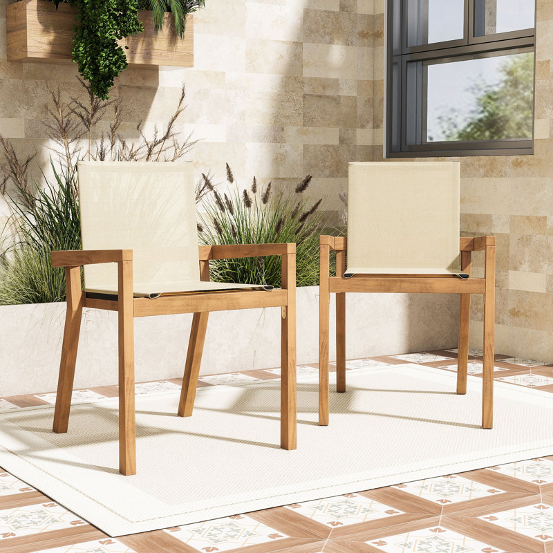 Ensemble de 2 chaises de salle à manger d'extérieur en bois avec sièges en filet, Beige / teck