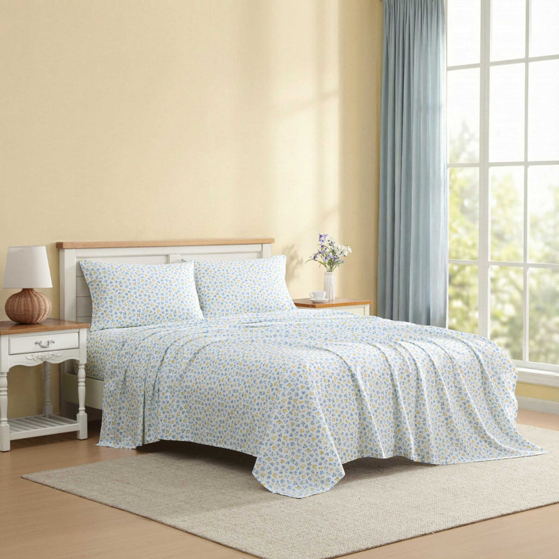 Laura Ashley Printed Cotton Percale Sheet Set, Twin Sheet Set with 1 Standard Pillowcase, Ditsy Doodle Blue