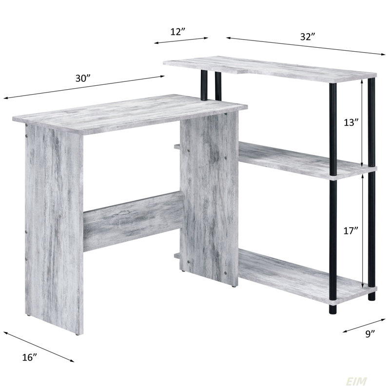 L-Shaped Writing Desk, Levi Antique White & Black Finish Writing Desk(No Drawer), White