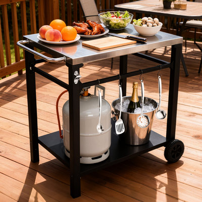 Chariot de barbecue extérieur à 2 niveaux noir, plateau en acier inoxydable, grandes roues, crochets à outils, table de préparation pour barbecue mobile et chariot de service roulant pour terrasse, cour arrière, support à four à pizza à faible entretien