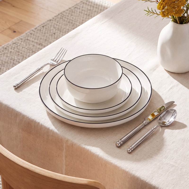 16-Piece Ceramic Dinnerware Set, White/Black