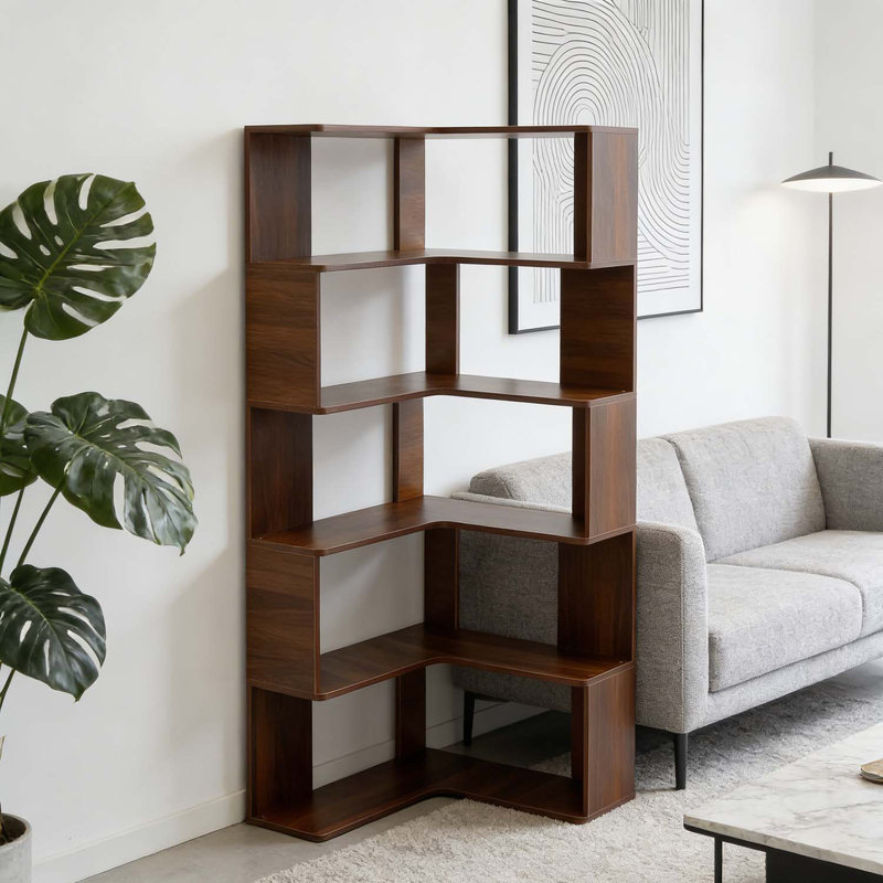 Tall L Shaped Wooden Bookcase with Baffle for Efficient Space Utilization and Stylish Display