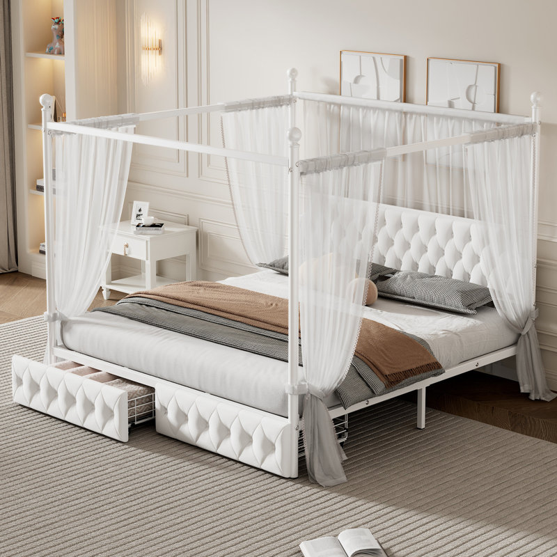 Lit plateforme à baldaquin en métal avec tête de lit tapissier, 2 tiroirs et coutures à boutons, Roi