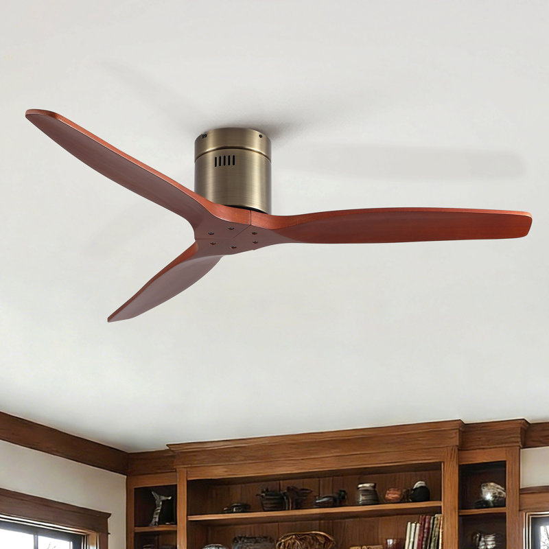 52 Inch American Farmhouse Rustic Elegance Classical Solid Wood Low Profile Flush Mount Ceiling Fan Without Light, Bronze