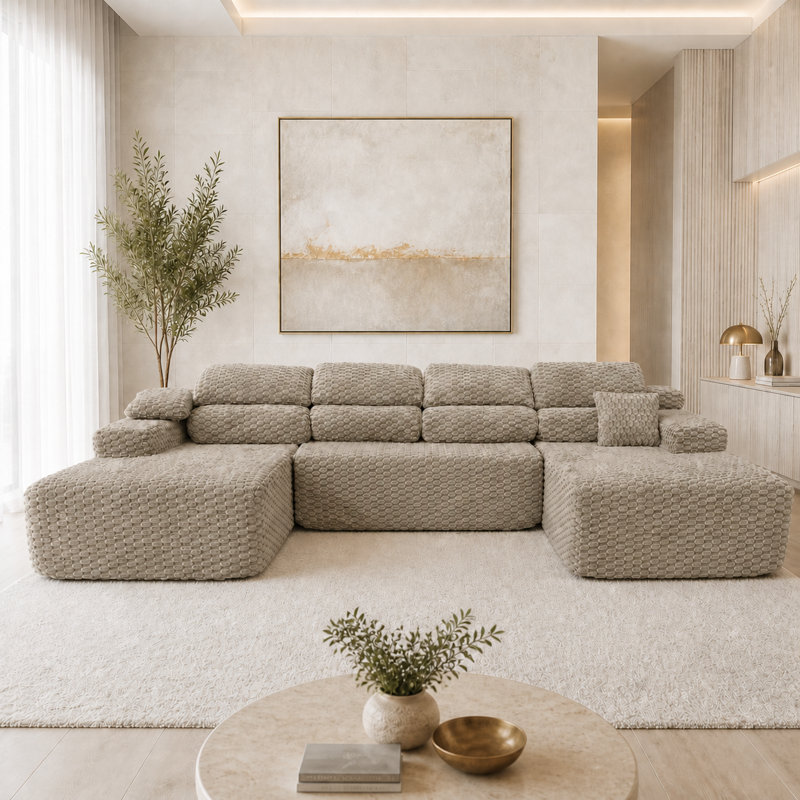 Canapé modulaire en U moelleux en forme de U de 137,8 po avec coussins double couche, Cream Flannel