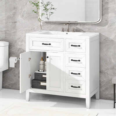 Ensemble de meuble-lavabo 36 po avec lavabo, armoire de salle de bain blanche avec tiroirs, structure solide et panneau de fibres à densité moyenne