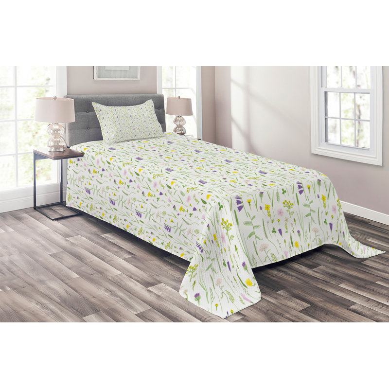 Farmhouse / Country Polyester Coverlet, Twin Bedspread + 1 Sham, Flower Green