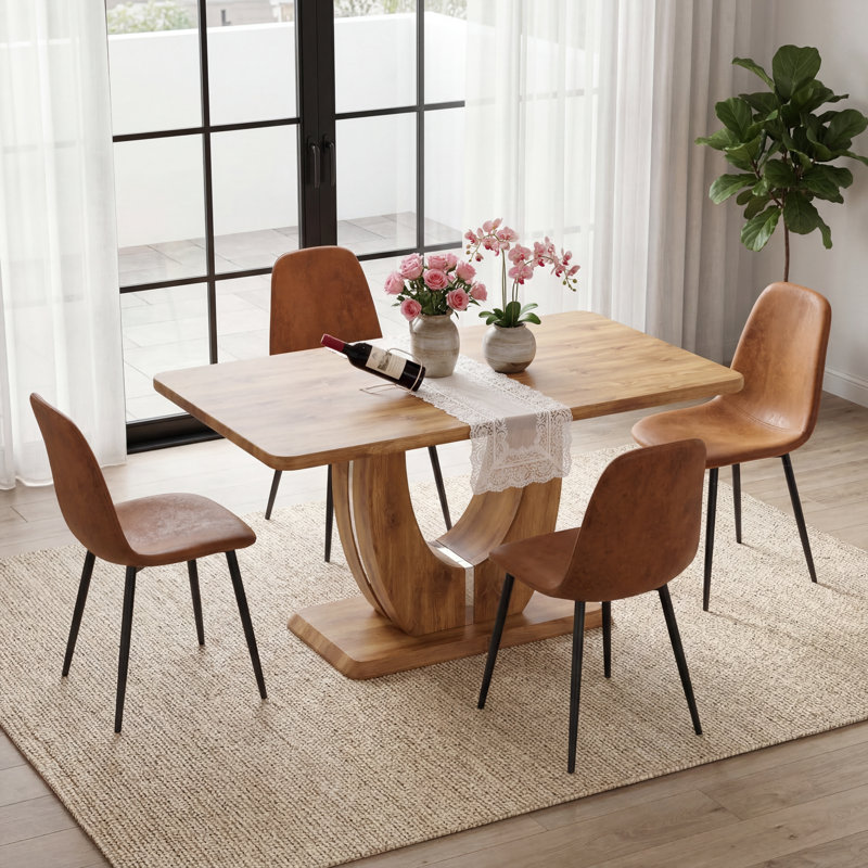 5-Piece Dining Set with U-Shaped Sculptural Pedestal Table and 4 Faux Leather Mid-Century Modern Chairs, Walnut Finish, 5