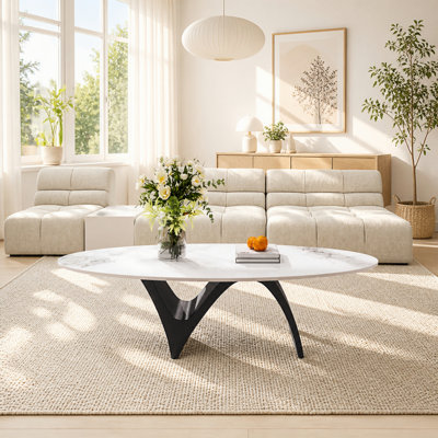 51.18" Modern Oval Coffee Table, Glossy Sintered Stone Table top, N-Shaped Carbon Steel Leg