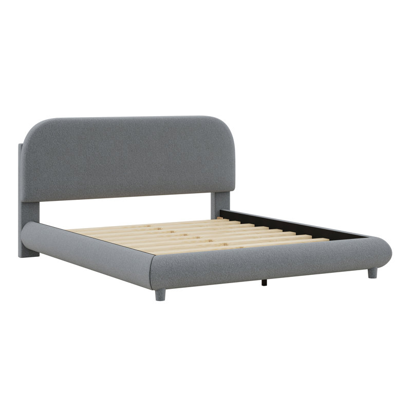 Lit plateforme tapissier de forme incurvée avec tissu épais, Gris