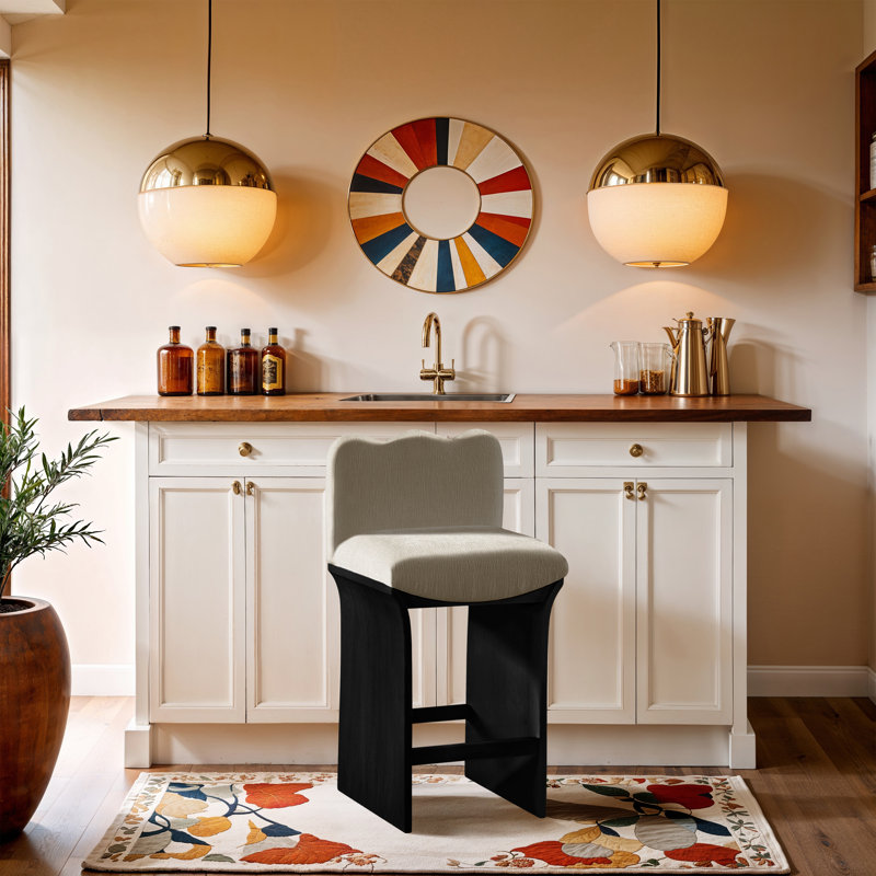 Tabouret de comptoir Shaw Cassady, Noir, Tissu chenille crème
