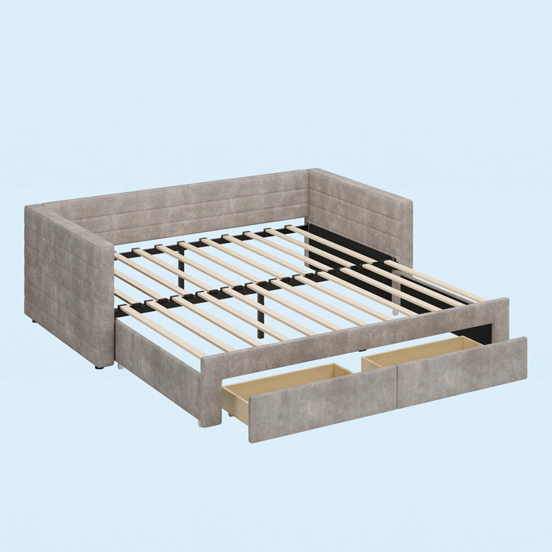 Twin Size Upholstered Extendable Daybed Frame With Trundle, Gray