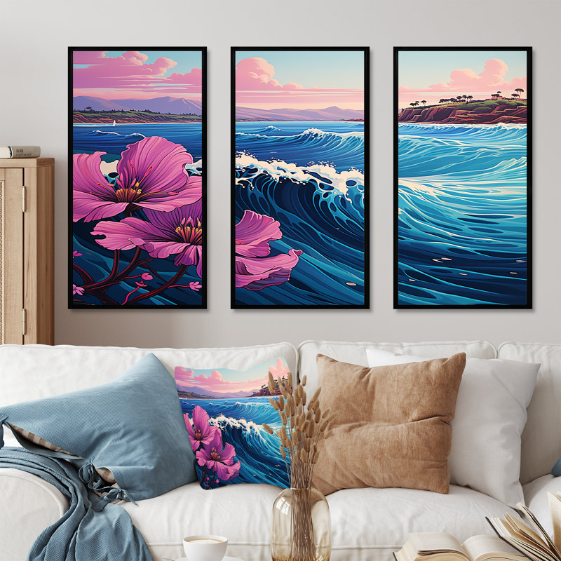 Bleu et mauve attrapant des vagues au Japon - Art mural Japon, Cadre flottant noir, H 28 po x l 36 po x P 1 po