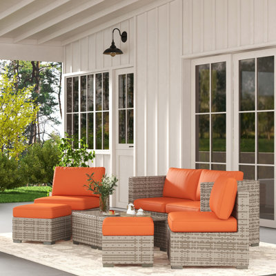 Nija 8 Pieces Rattan Garden Furniture Set, 4 Chairs, Cushions, Orange