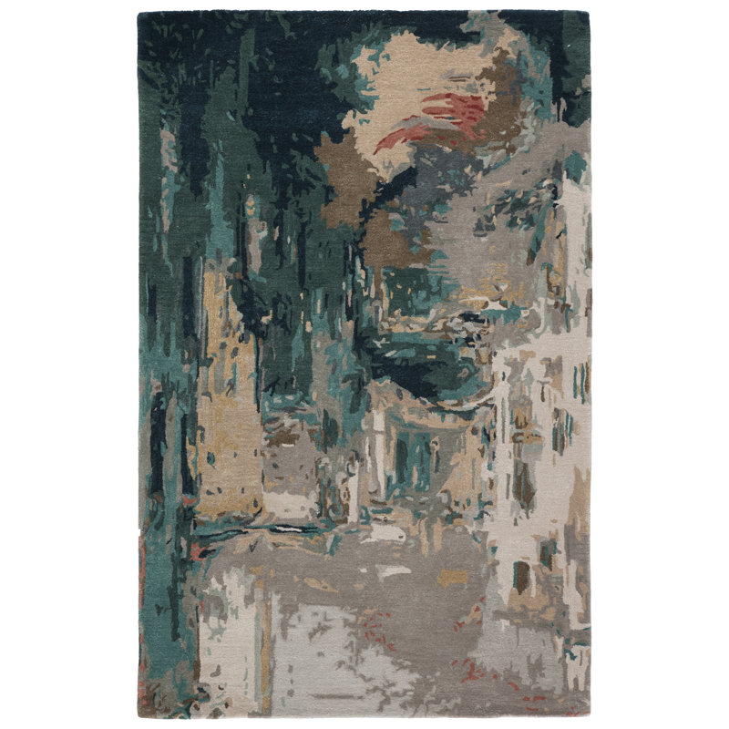 Tapis bleu sarcelle / gris touffeté à la main Rectangle Boley, Rectangle 8 pi x 11 pi