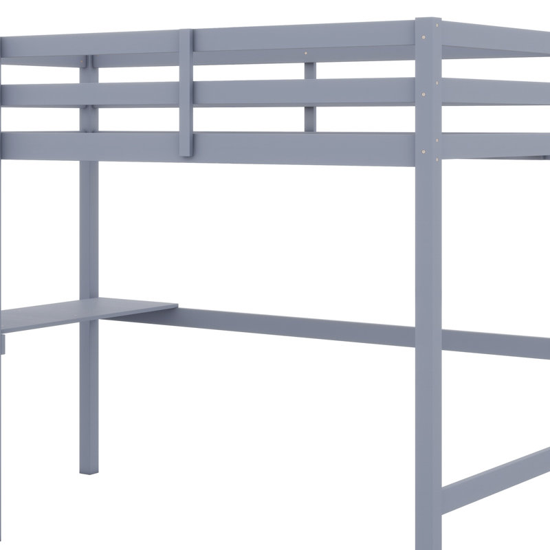 Twin High Loft Bed, Rubber Wood Loft Bed With Safety Guardrail, Built-In Desk, Ladder, Gray