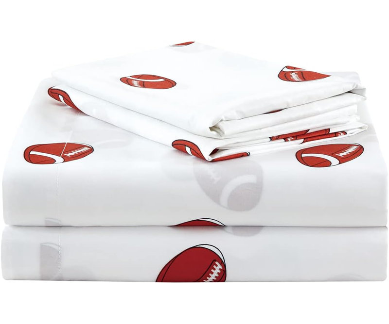 White and Red Football Microfiber Queen Sheet Set