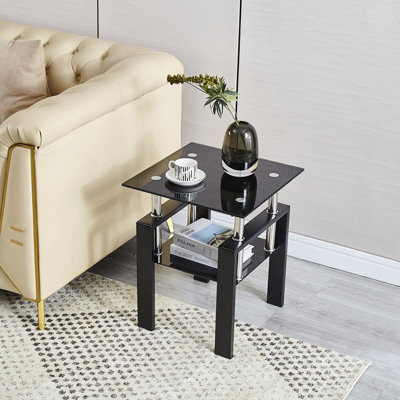 Table de bout en verre trempé noir - table de bout à 2 niveaux avec rangement