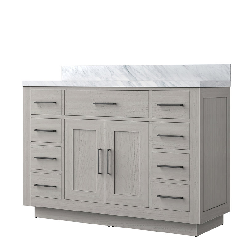 Ensemble de meuble-lavabo simple 48 po en chêne blanc de 48 po, garniture en marbre, bois massif, fonction de fermeture en douceur Large, avec plateau, fermeture, pré-assemblé
