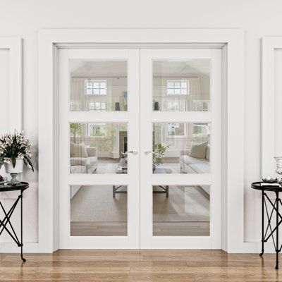 Portes françaises d'intérieur apprêtées en verre transparent blanc 80 H 3-Lite avec charnière et quincaillerie d'installation / poignées