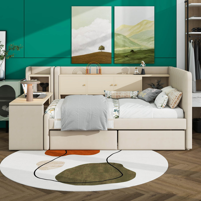 Upholstered Daybed Twin Size With Flip Cabinets & Side Table/Desk, Multi-Functional Bed Frame With 2 Drawers And Shelves