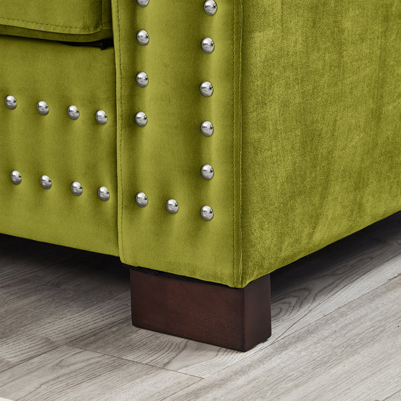 Siège moderne en velours à 2 places avec accoudoirs carrés et clous argentés, sièges à ressorts ensachés confortables, housses de coussin amovibles revêtues d'un design contemporain, décoration à clous pour accoudoirs, bois massif