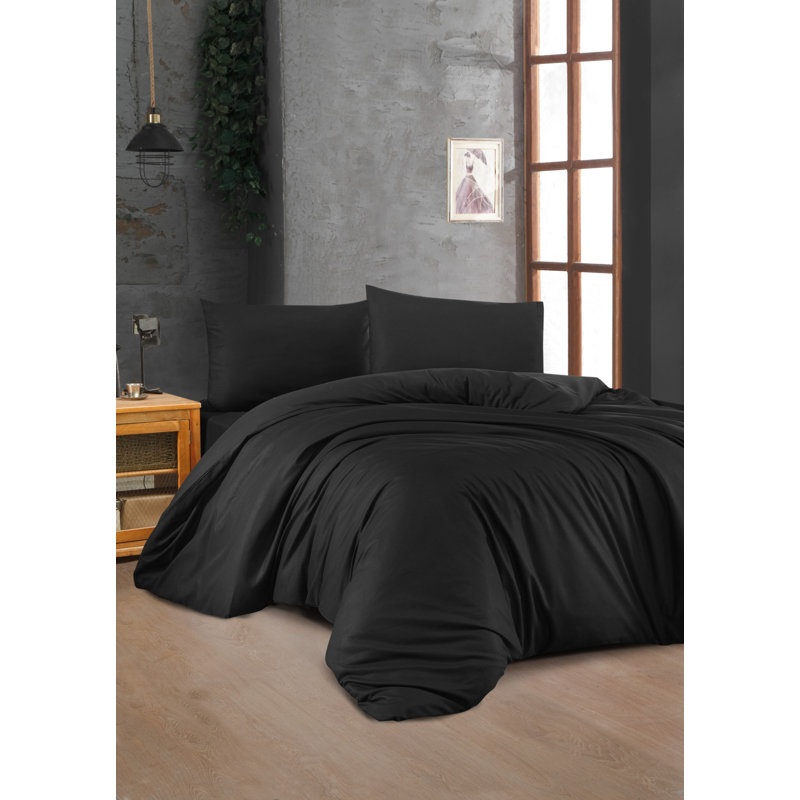 Ensemble de housse de couette simple Elegant Ranforce - 100% coton, noir | Housse de couette 61 x 79, taie d'oreiller 31 x 31 | Doux 142 fils, fermeture à boutons pour la couette et enveloppe pour l'oreiller | Parfait pour les chambres confortables