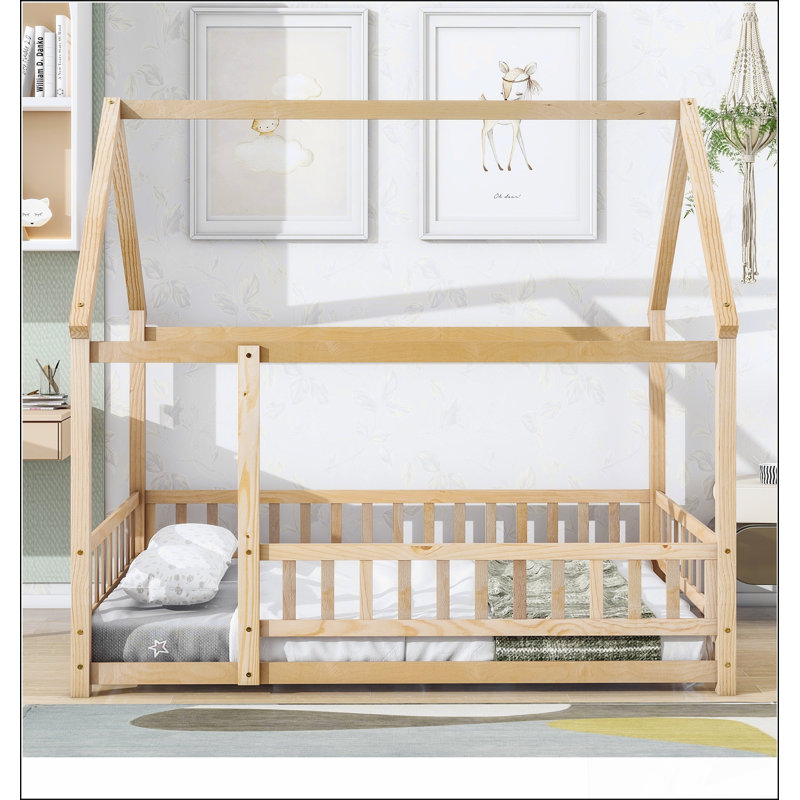 Lit de plancher en bois avec cadre de toit de maison, garde-corps de clôture et conception confortable pour plus de sécurité et de confort