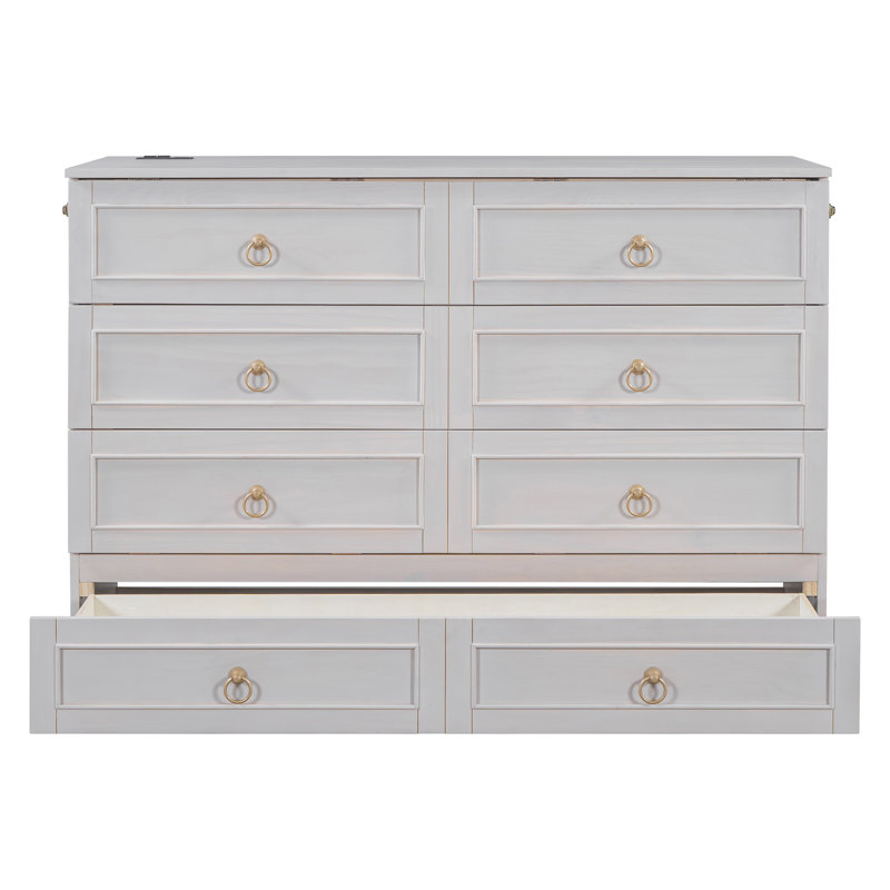 Drawer Murphy Bed Cabinet With Outlets, Antique White 2, Full