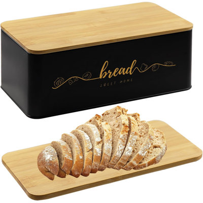 Bread Box With Bamboo Cutting Board Lid, Metal Bread Box For Kitchen Counter, Small Bread Storage Container, Black Bread Bin For Kitchen Countertop