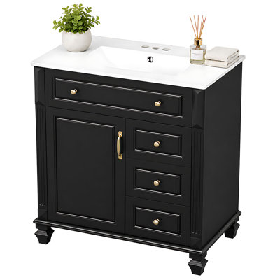 30‑Inch Freestanding Bathroom Vanity with Sink, Green Solid Wood & MDF Bathroom Cabinet with Flip‑Out Drawer, 3 Drawers & Side Storage Cabinet, Ceramic Sink Top, Open‑Back Design, 4‑inch Faucet Compatible (Faucet Not Included)