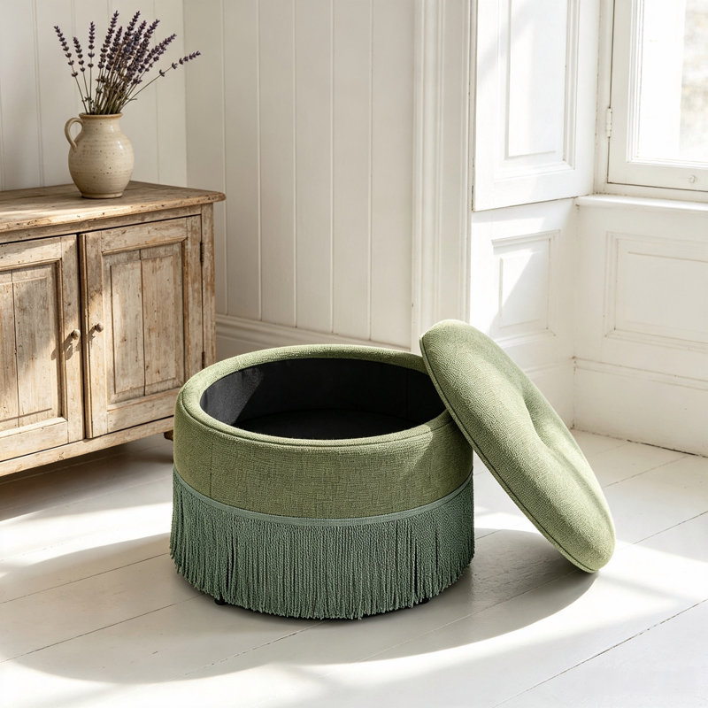 Pouf de rangement rond rembourré de 23,23 pouces avec franges, Green