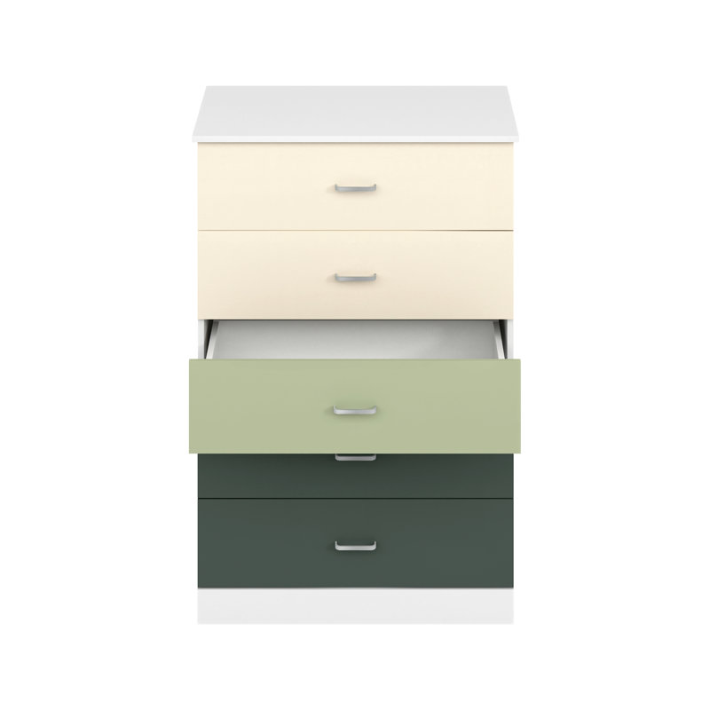 Commode 5 tiroirs Allyannah, Blanc / parchemin / vert sauge / vert chou frisé