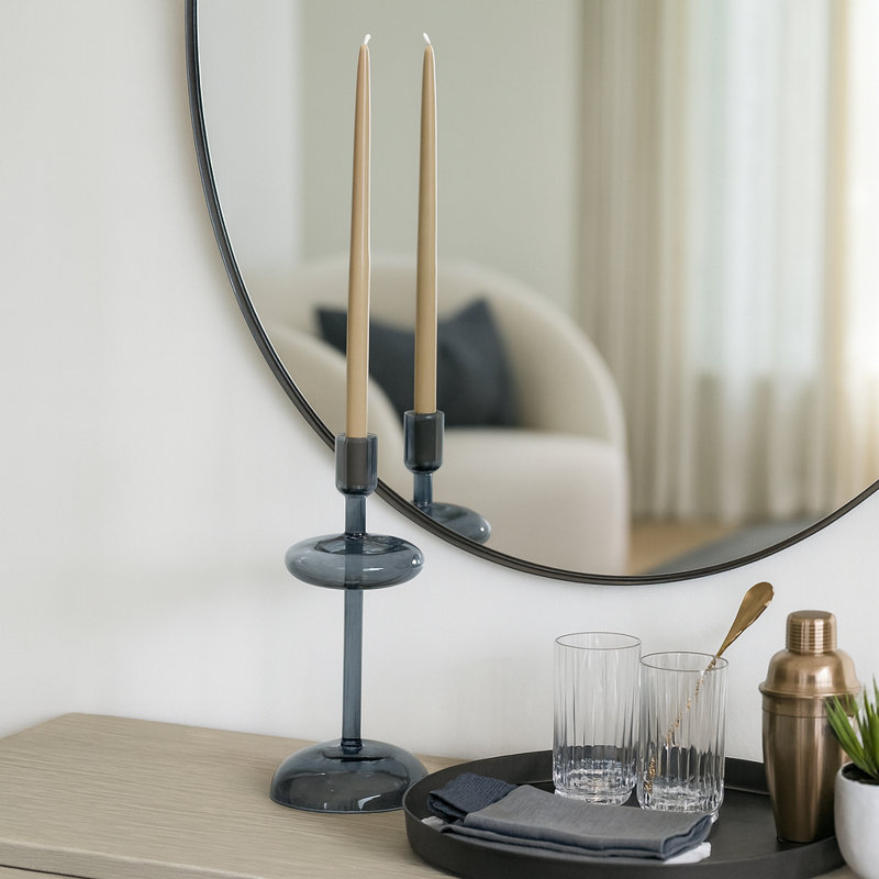 Porte-bougie moderne avec design cylindrique en verre - Porte-bougie de table élégant pour table de salle à manger, décor de tablette, vestibule, manteau de cheminée, console, bibliothèque, buffet, table basse, chambre à coucher et salon - bleu