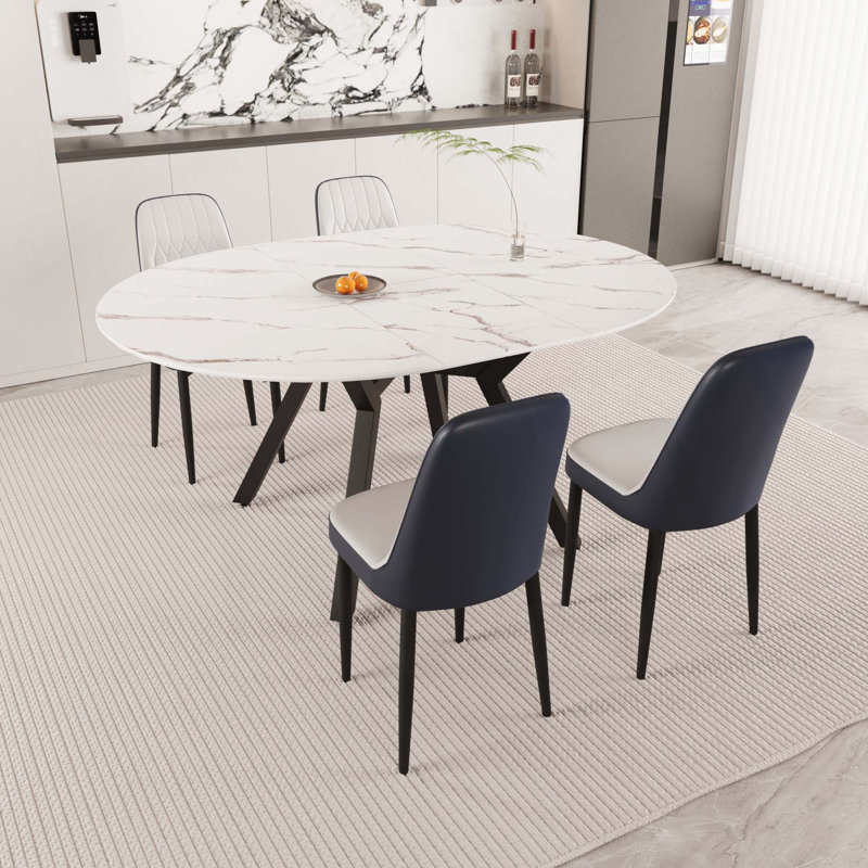 47-63" Expandable Circular Dining Tables , Equipped With 4 PU Fabric Thick Cushioned Dining Chairs And An Elegant And Spacious Dining Table, Kitchen Table And Chair, With Black Metal Legs