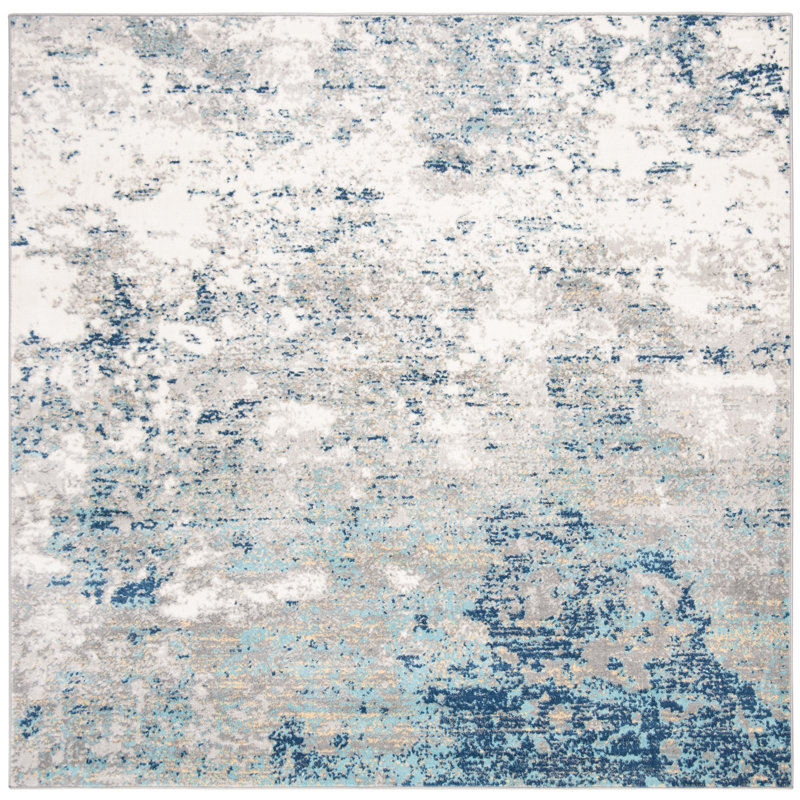 Tapis abstrait gris clair / bleu N'Keal, Carré 8 pi, Light Grey/Blue
