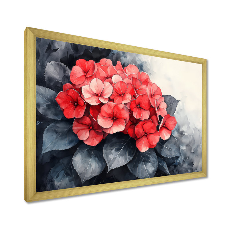 Hortensias monochromes avec accent rouge audacieux II - Art mural d'hortensias pour le salon, H 30 po x l 40 po, Doré