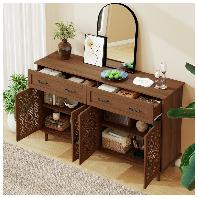 Vintage Sideboard Buffet Cabinet with Hand-Carved Hollow Doors, Distressed Walnut Finish, 2 Drawers & 4 Doors Storage Console for Living Room
