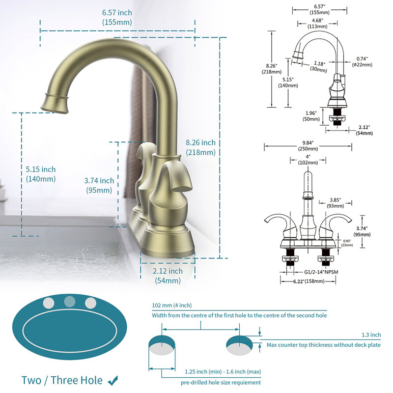 Bathroom Faucet 2-Handle With 360 Degree Rotating Spout, Crescent Moon Style 4-Inch Centerset Vanity Sink With Pop-Up Drain And Supply Hoses