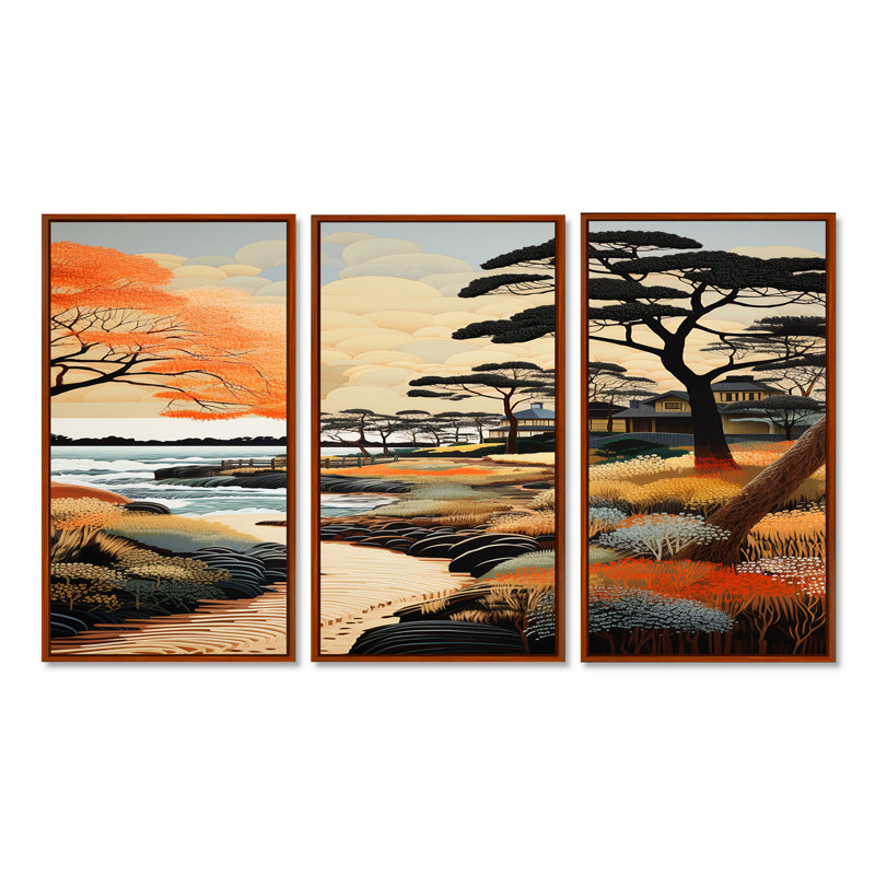 Santucci - ensemble d'art mural plage, H 40 po x l 60 po x P 1 po, Cadre flottant brun