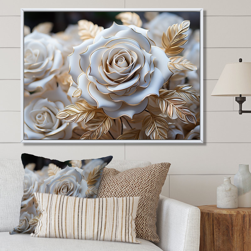 «White and Gold Rose Passion - Roses», reproduction sur toile encadrée, H 30 po x l 40 po x P 1,5 po, Cadre flottant blanc
