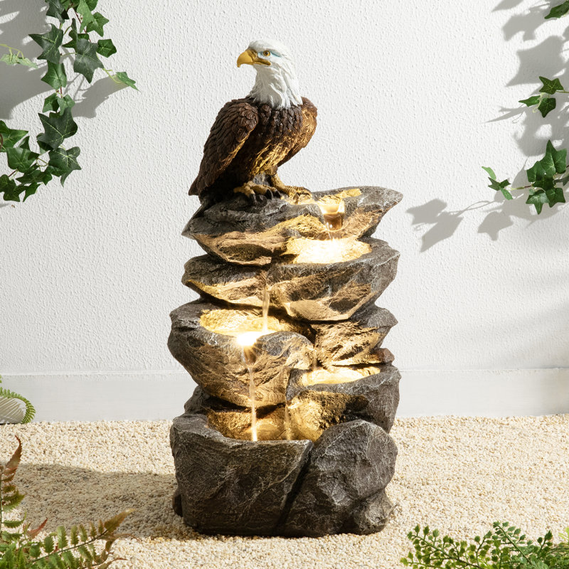 25.25"H 4-Tiered Eagel Polyresin Outdoor Fountain With Pump And LED Light (KD)