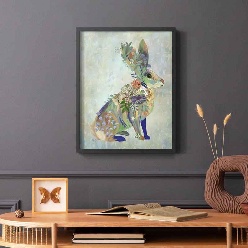 Fantastic Florals Hare, assis, reproduction encadrée - bois massif, Noir, H 14 po x l 11 po