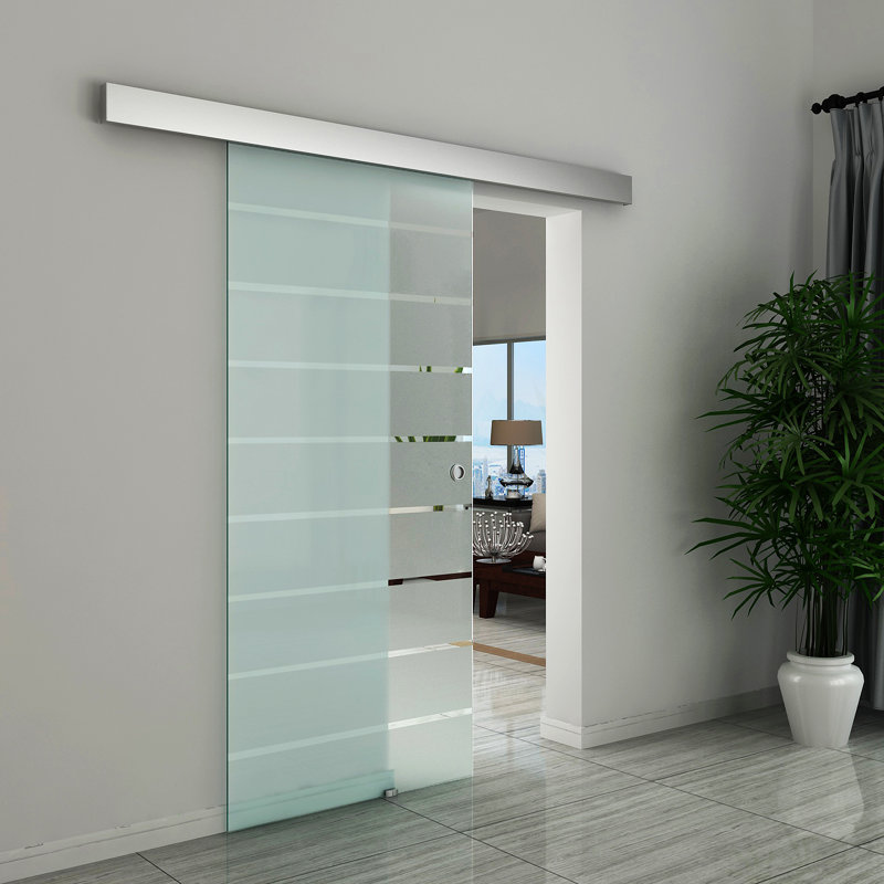 Landyn 90cm Sliding Glass Door Set Frosted Stripe w/ Handle Living Room Office