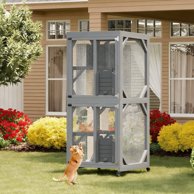68'' Window Catio Outdoor Cat Enclosure On Wheels, Large Cats Kitty House With Waterproof Roof, Cat Playpen Outside Cattery With Platforms, Resting Box and Scratching Post