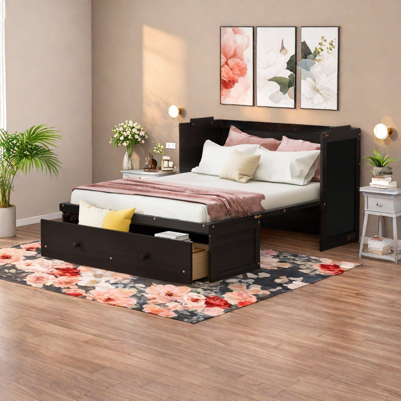 Lit escamotable double avec port USB et grand tiroir, Double, Espresso