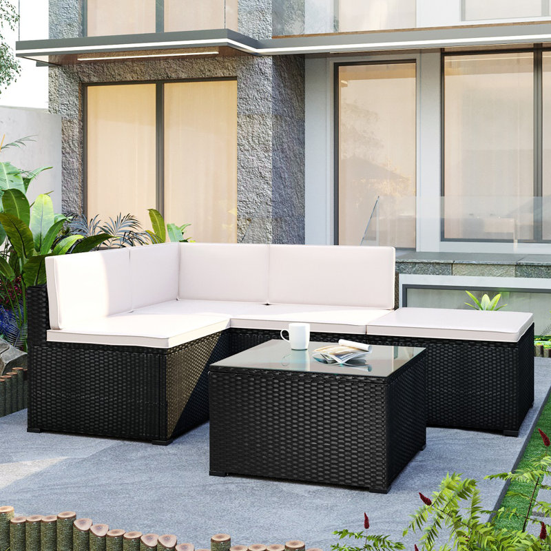 Ensemble de conversation modulaire en rotin 5 pièces avec coussins 5 pièces, Beige