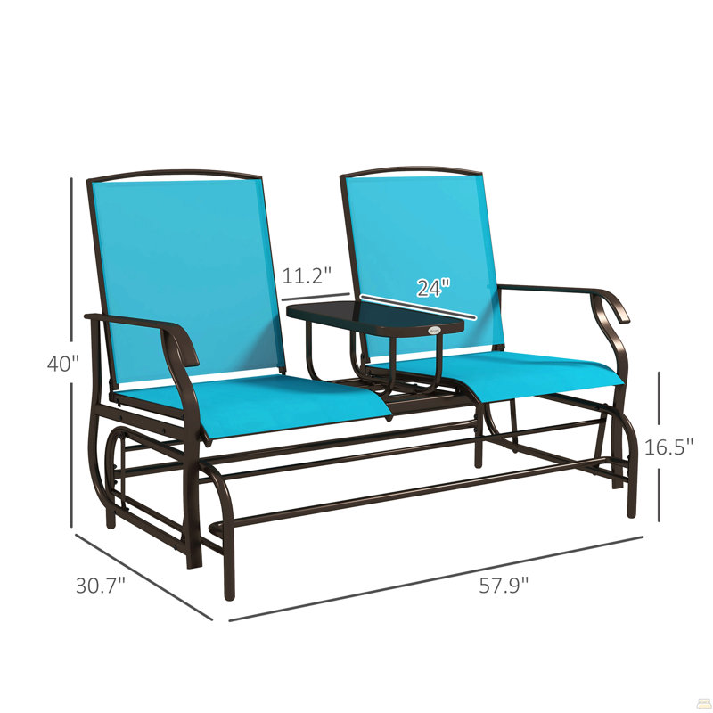 Outdoor Glider Bench With Center Table, Metal Frame Patio Loveseat With Breathable Mesh Fabric And Armrests