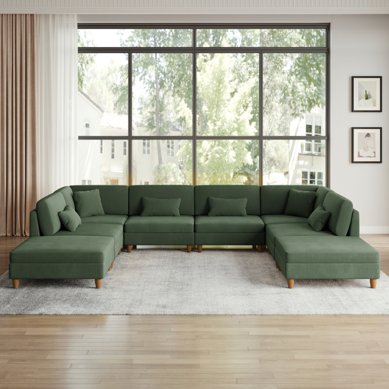Seemab 8 - Piece Upholstered Corduroy Modular Sectional with Pillow Back and Removable Ottoman, Green