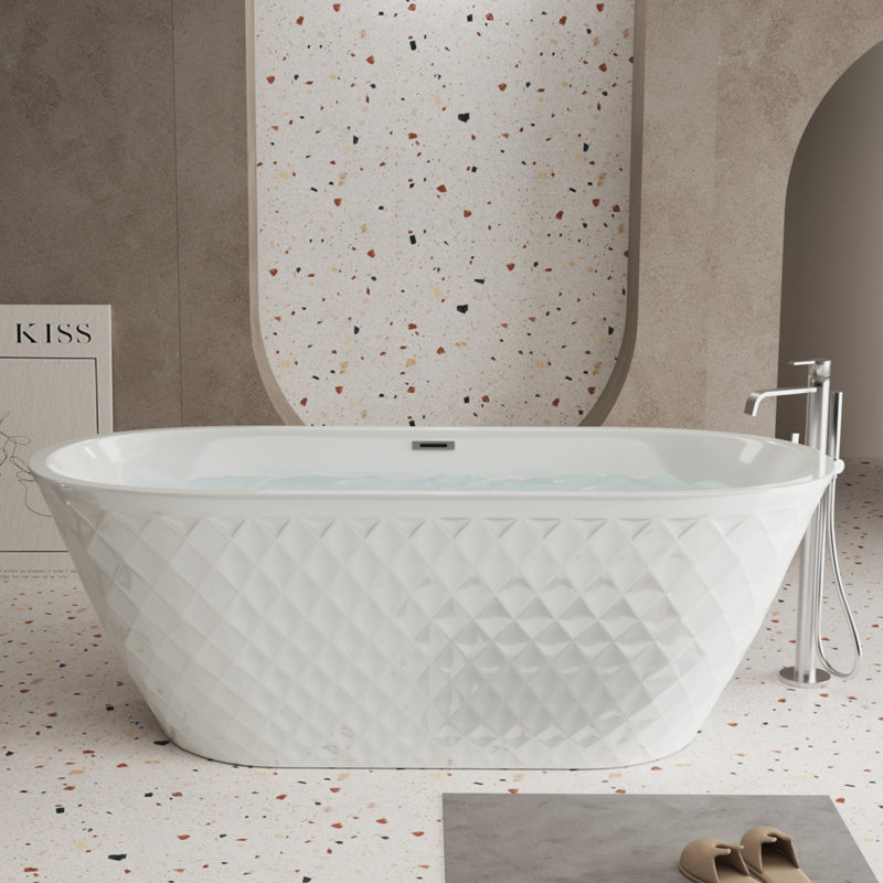 67'' Acrylic Freestanding Bathtub With Unique Diamond Pattern Design Chrome Overflow And Pop-up Drain, White